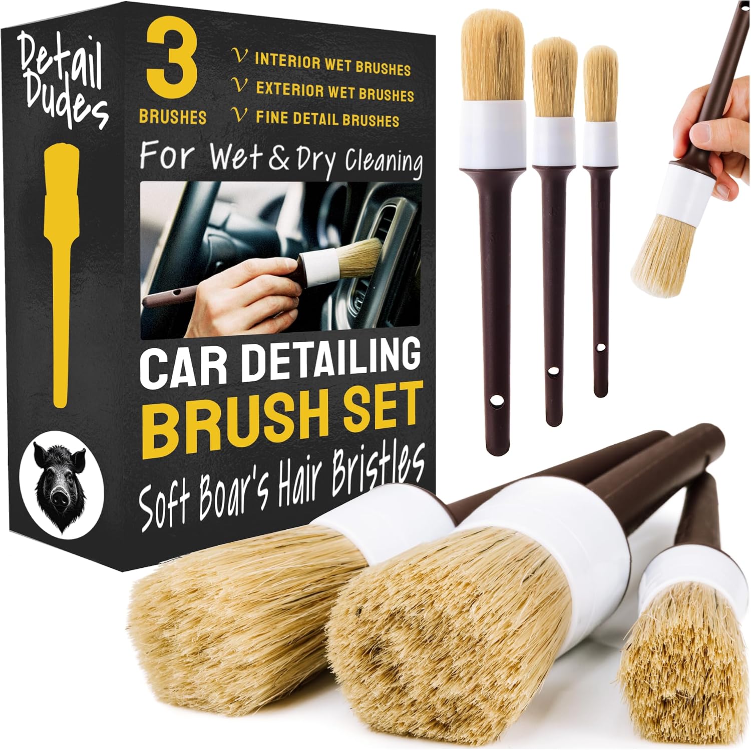 car cleaning kit: Detail Dudes Car Detailing Brush Ultra Soft Boars Hair Set of 3- Automotive Detail Brushes…