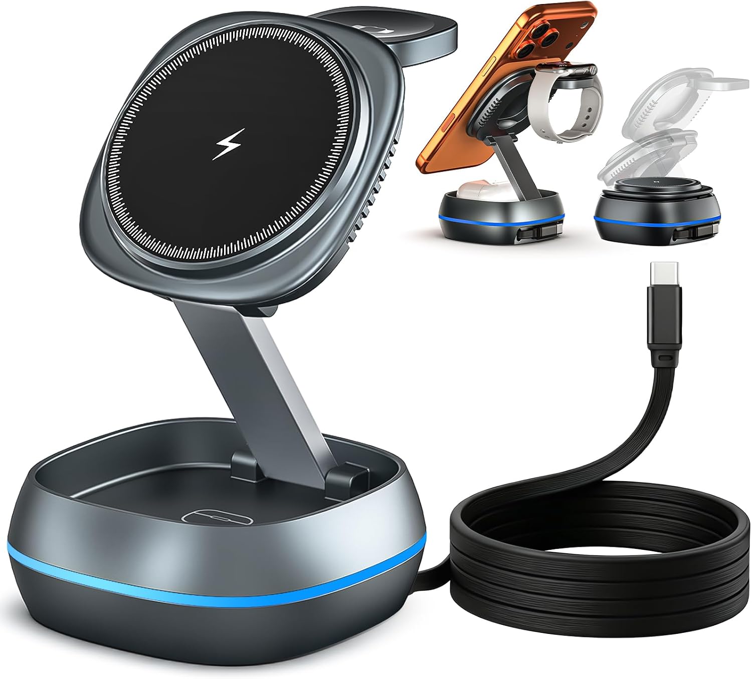Station de recharge 3-en-1, 15W pliable avec câble rétractable — Chargeur sans fil