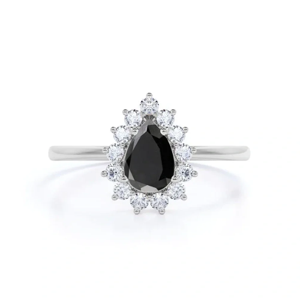 2 Ct Pear Cut Black Diamond Round Halo Diamond Engagement Ring - 10K Yellow Gold