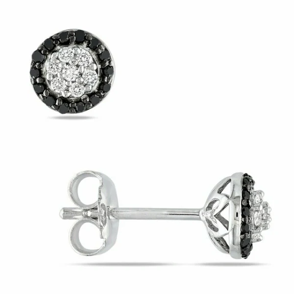 GemoneDiamonds Boucles d'oreilles halo de diamants noirs et blancs en or jaune 10 carats — Boucles D'oreilles