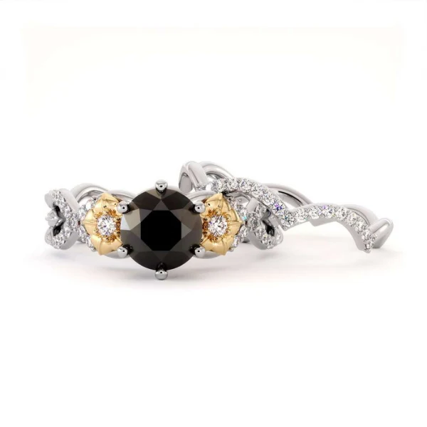 GemoneDiamonds Bague de mariée en diamant taille ronde 2 carats avec diamant blanc et noir en or jaune 10 carats — Anneaux empilables
