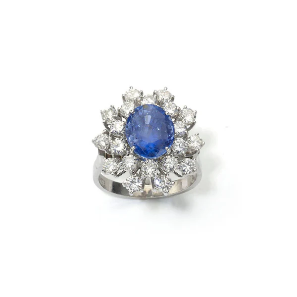 5 Carat Oval Cut Double Halo Prong Setting Sapphire Engagement Ring - 10K Yellow Gold