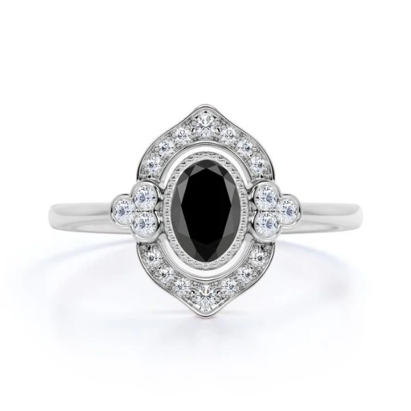 1.50 Ct Oval Cut Unique Vintage Black Diamond Engagement Ring - 10K Yellow Gold — Engagement Rings
