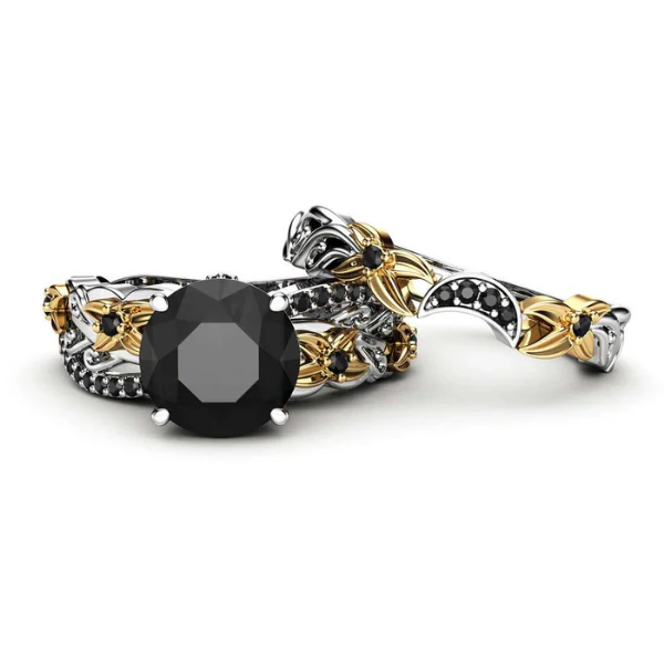 2 Carat Round Cut Floral Prong Gold Bridal Set Black Diamond Ring - 10K Yellow Gold