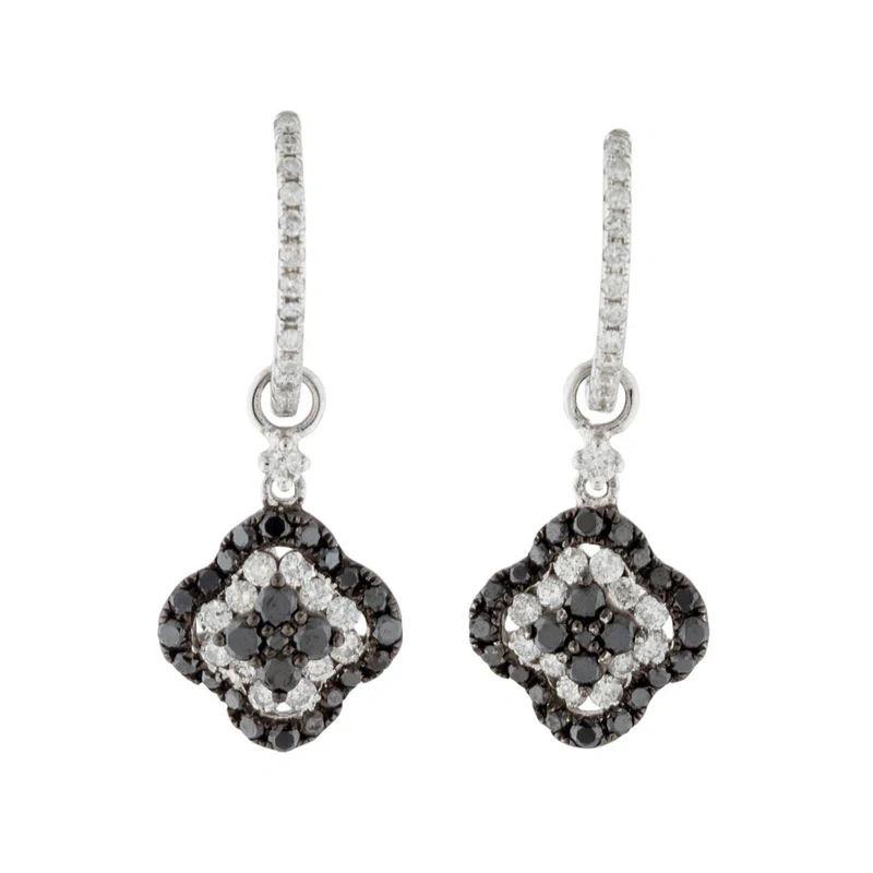 1.40 Carat Flower Design Black And White Diamond Drop Earrings - 10K Yellow Gold — Stud Earrings