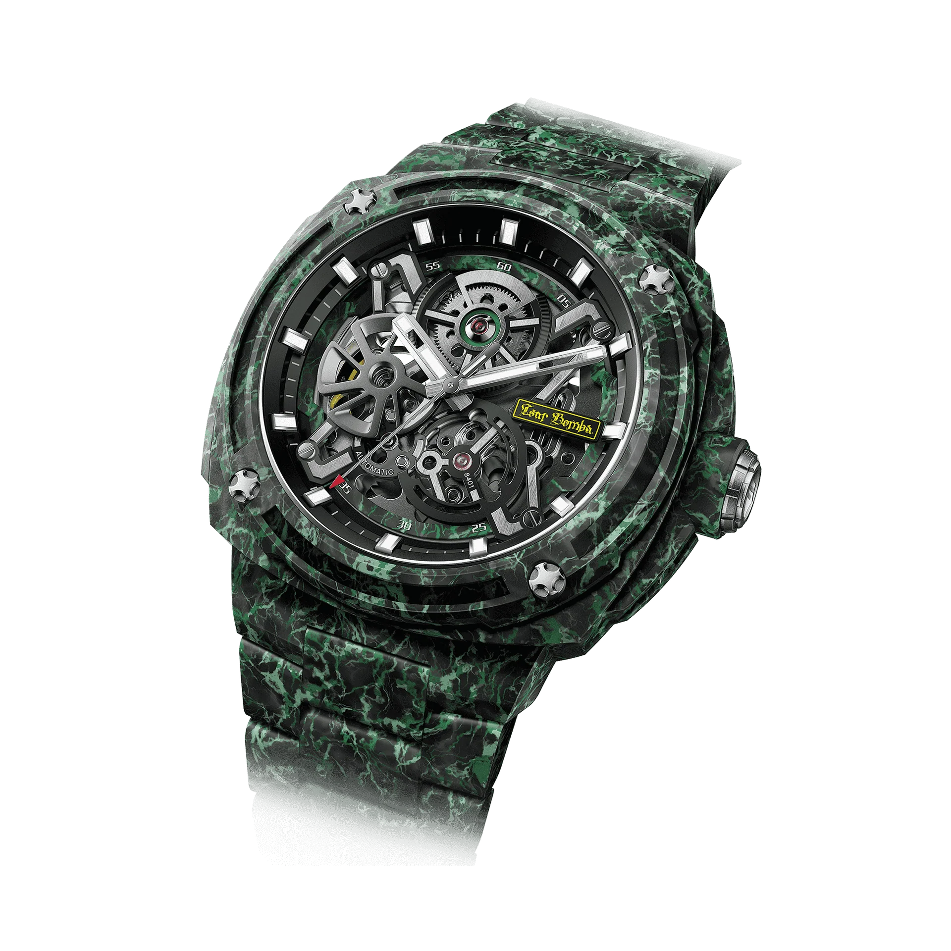 TSAR BOMBA montre squelette automatique en fibre de carbone pour hommes série d'électrons verts Seiko NH72 10ATM étanche