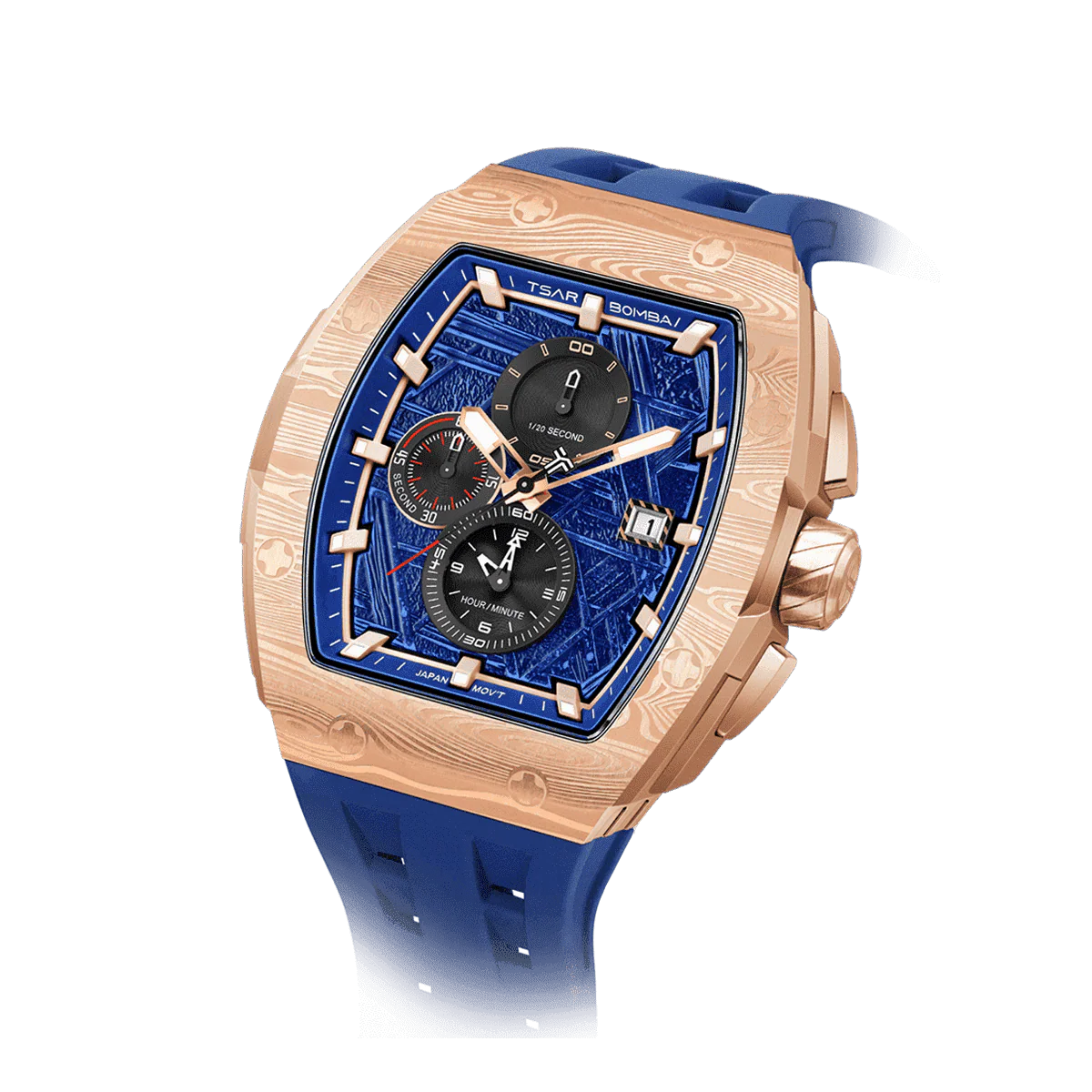 Tsar Bomba Men's Quartz Chronograph Watch | Golden Blue | Stainless Steel Bezel & Case, Tonneau Luxury Design, 316L Stainless Steel, Sapphire Crystal, 5ATM Wate
