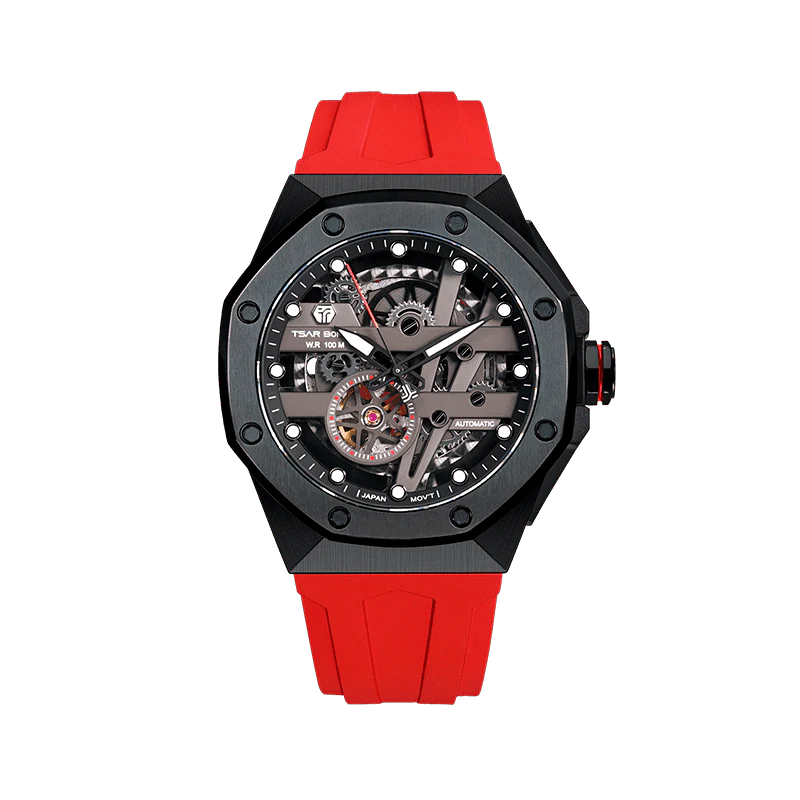 Tsar Bomba Elemental Series Red Men's Automatic Mechanical Watch – Stainless Steel Bezel & Case, Skeleton Dial, Sapphire Crystal, Fluororubber Strap, 100M Water