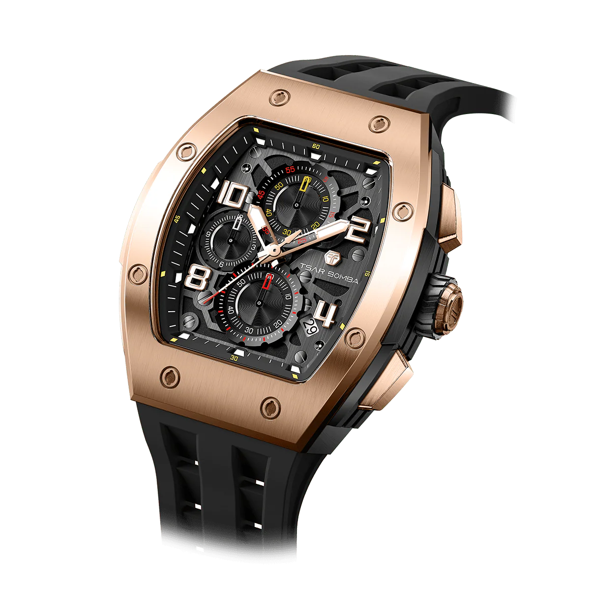 TSAR BOMBA montre à quartz de luxe pour hommes TB8224Q boîtier tonneau noir doré bracelet en caoutchouc fluoré étanche 5ATM