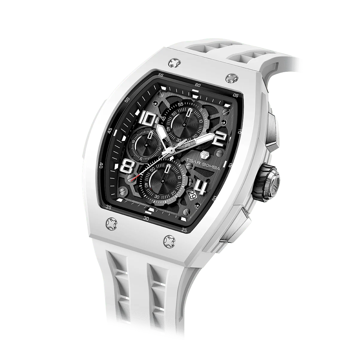 TSAR BOMBA montre à quartz de luxe pour homme boîtier tonneau en biocéramique blanche 50M étanche élémentaire TB8224B — Montres pour hommes