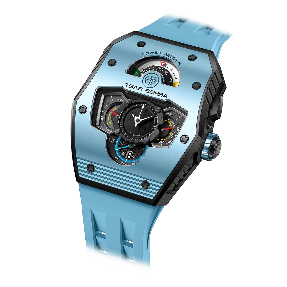 Tsar Bomba Men's Automatic Watch | Lake Blue | Stainless Steel Case | Ceramic Bezel | Japanese Mechanical Skeleton Movement | Unconventional time display | Luxu