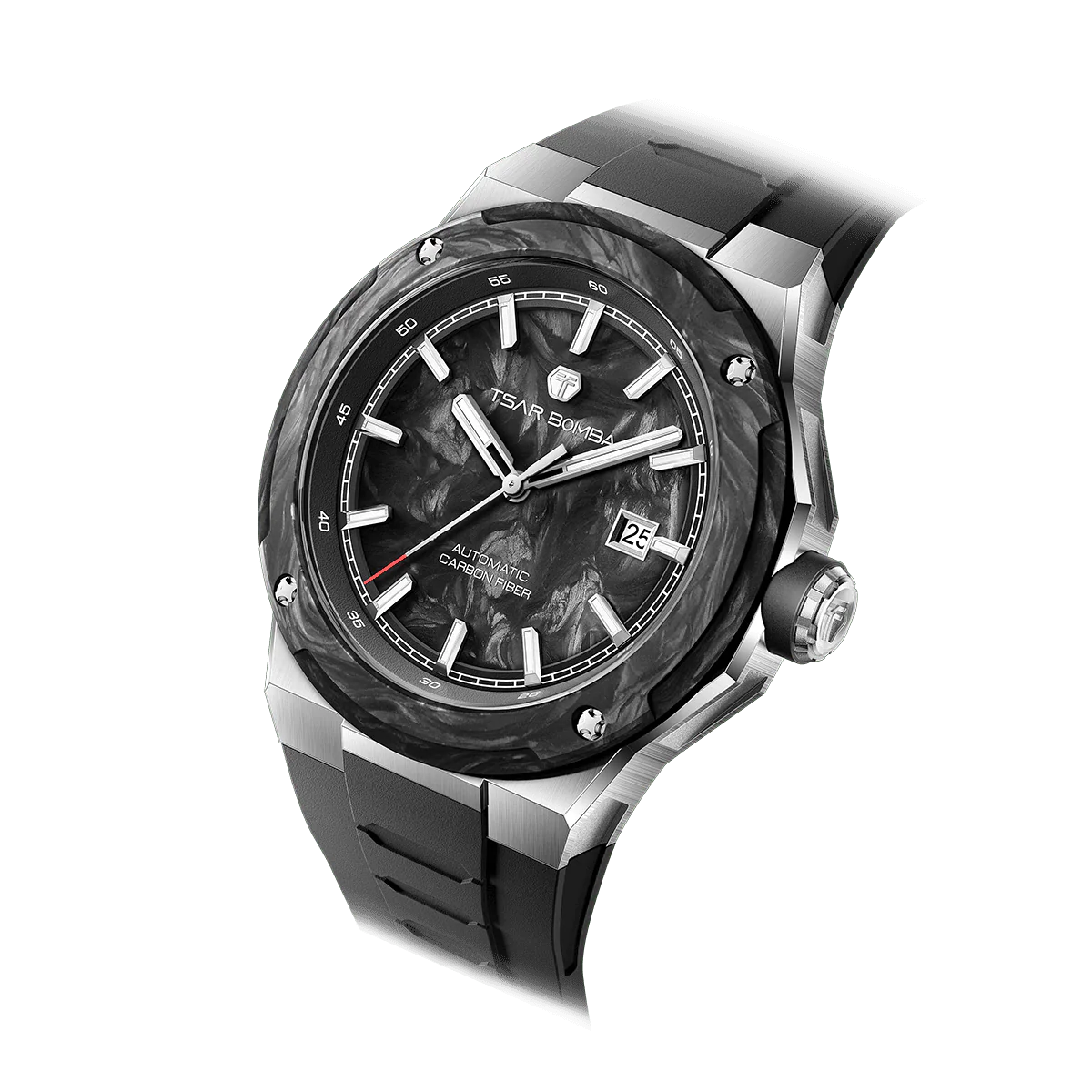 TSAR BOMBA Montre automatique en fibre de carbone pour homme Argent Noir Série Electron
