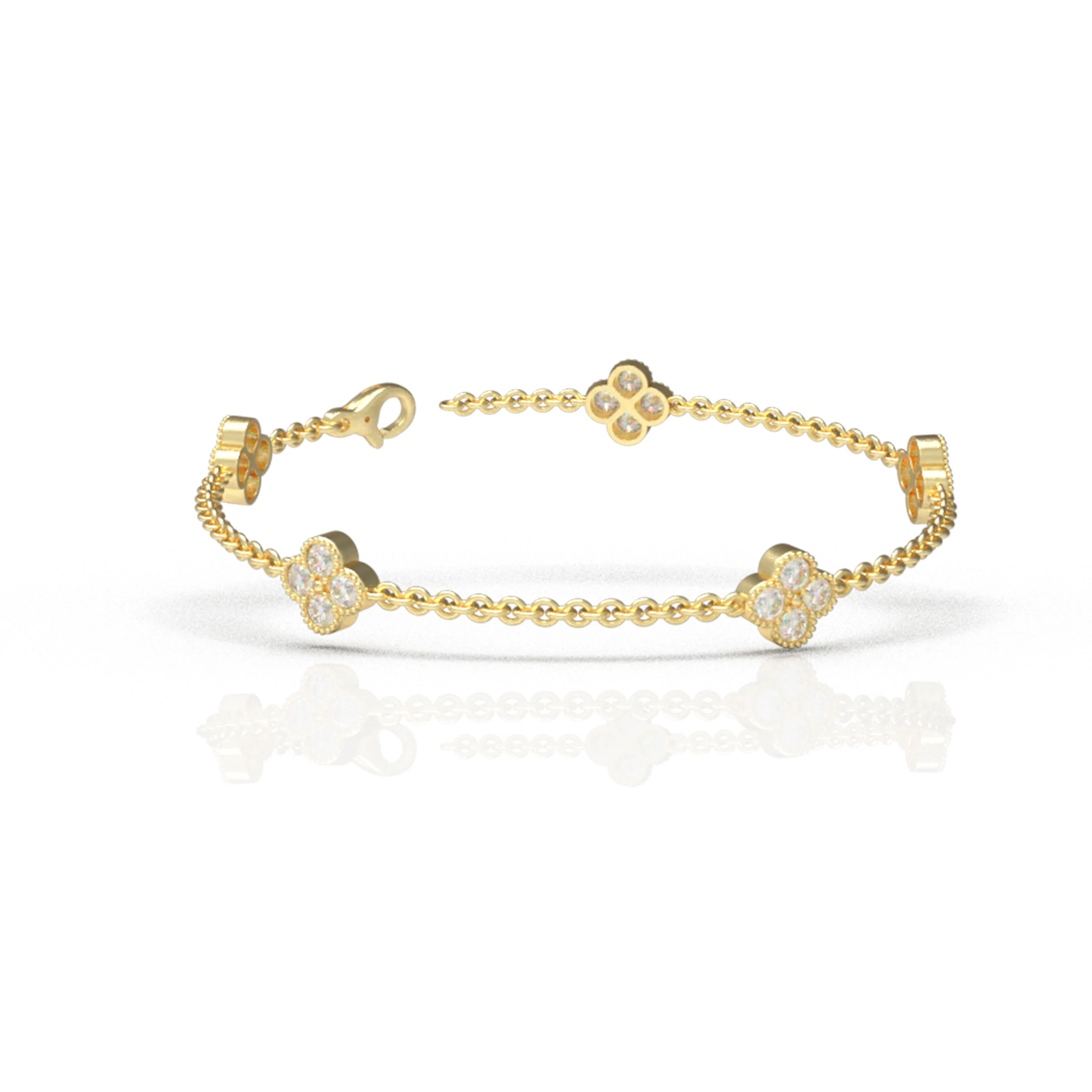 Handmade Four - Leaf Clover Bracelet with Lab - Grown Diamonds (VVS1 - VVS2 Clarity) in 9K/14K/18K Yellow Gold - 9K Yellow Gold / 1CT / 6 — Bracelet Women
