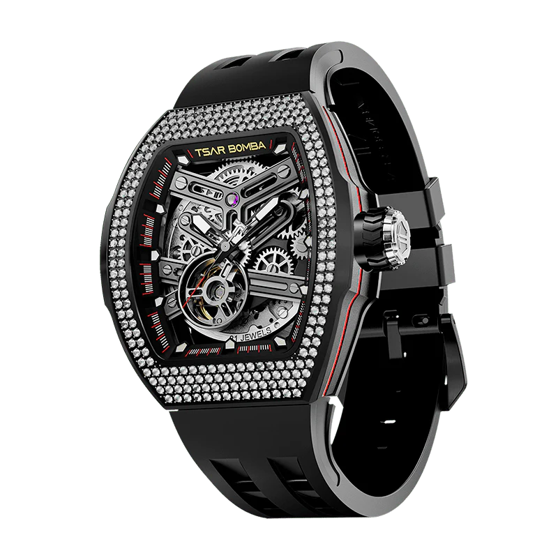 Tsar Bomba Men's Automatic Skeleton Watch | Interchangeable Luxury Design | Black | Atomic TB8218 | Cubic Zirconia