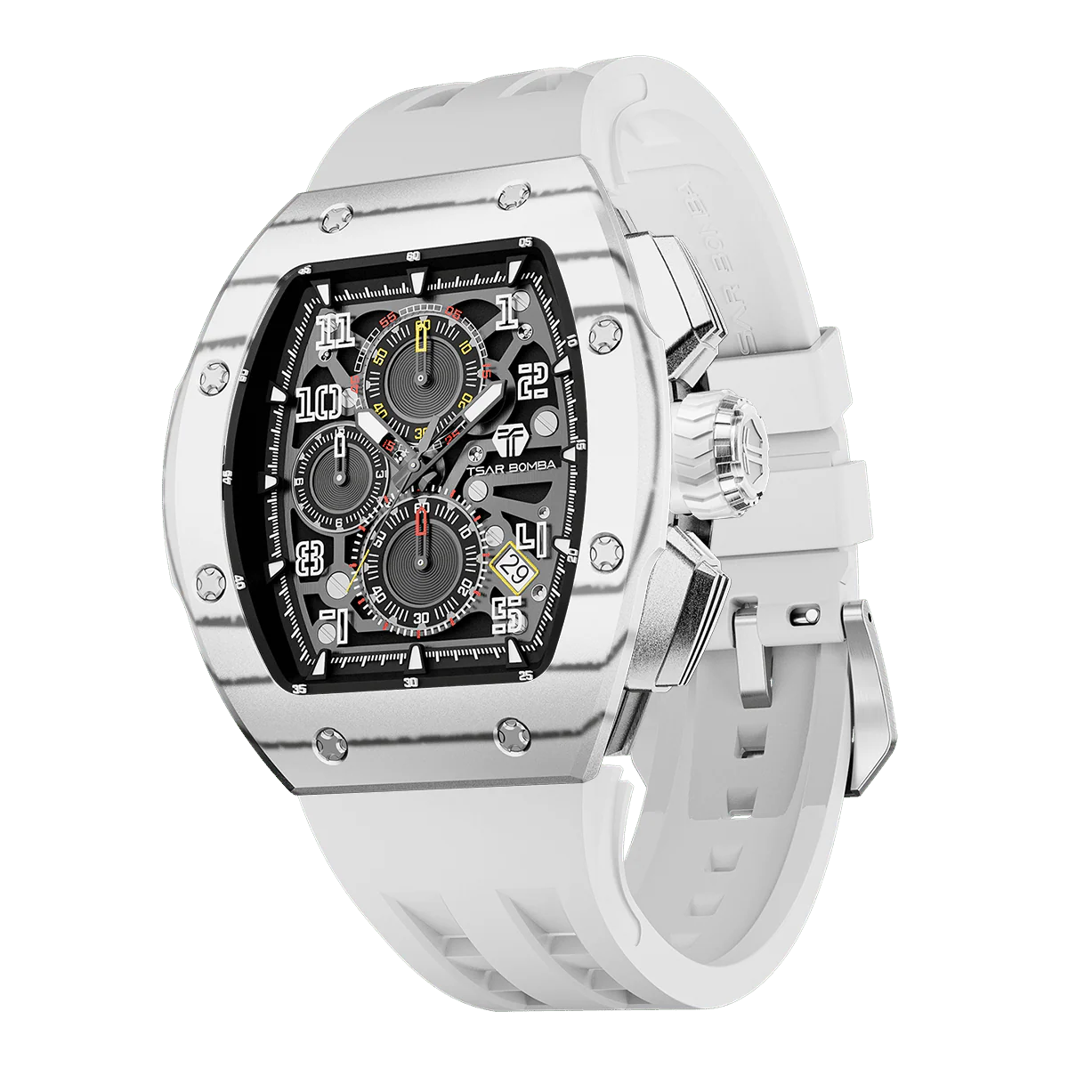 Tsar Bomba Men's Quartz Watch Atomic TB8214 White Carbon Fiber Bezel 50M Waterproof FKM Rubber Strap — Mens Watches