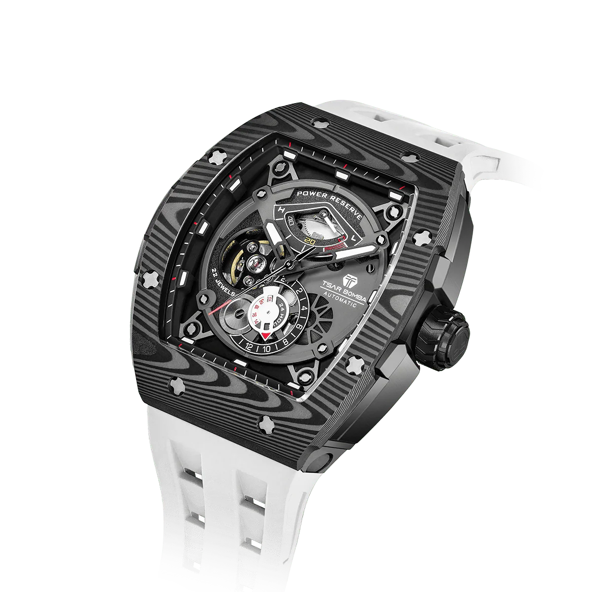 Tsar Bomba Men's Automatic Watch TB8210CF White Carbon Fiber Bezel 50M Waterproof