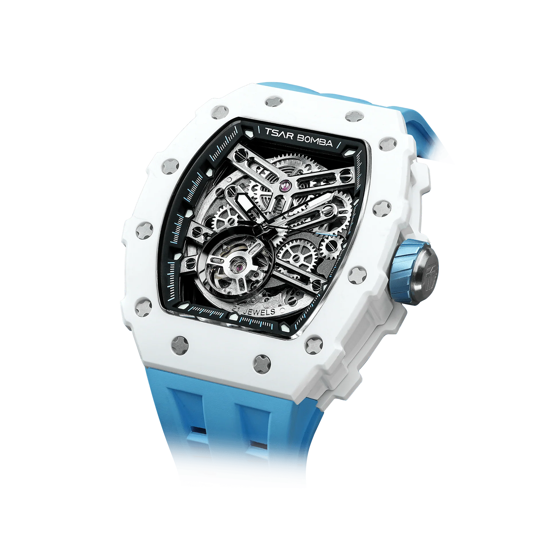 TSAR BOMBA Men's Ceramic Bezel Skeleton Mechanical Watch Blue TB8208