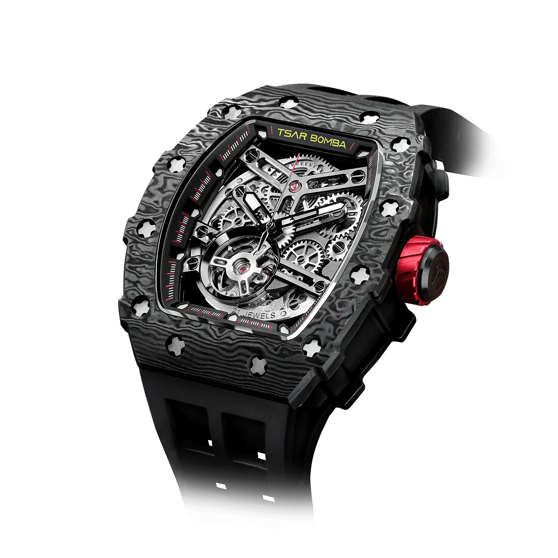 TSAR BOMBA Men's Automatic Carbon Fiber Black Skeleton Tonneau Watch