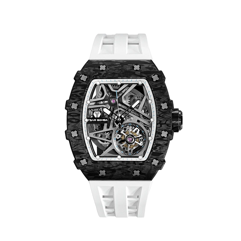 TSAR BOMBA Men's Tonneau Mechanical Sport Watch TB8209CF Carbon Fiber Black White