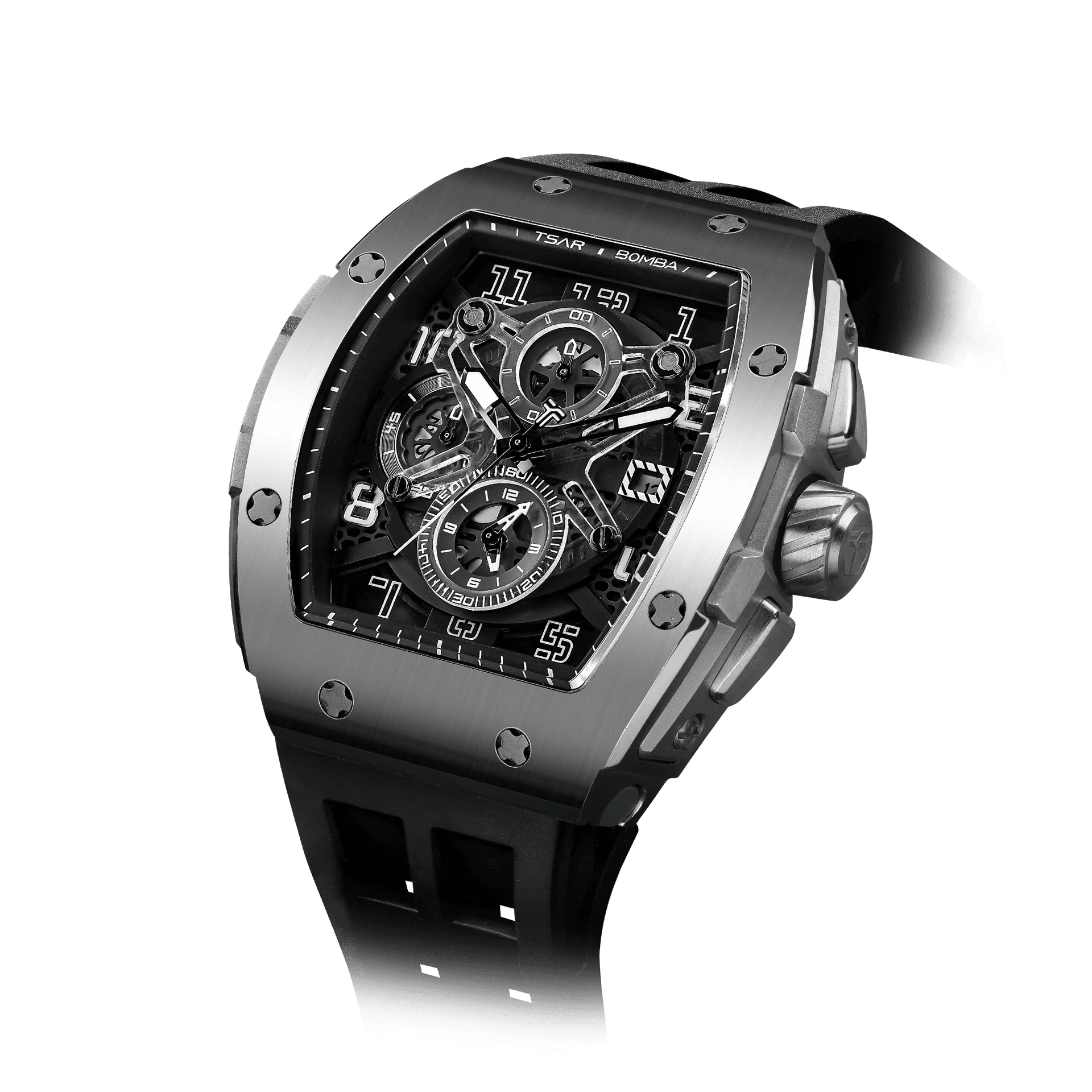 TSAR BOMBA WATCH Men's Quartz Chronograph Tonneau Watch Silver Black TB8211Q — Mens Watches