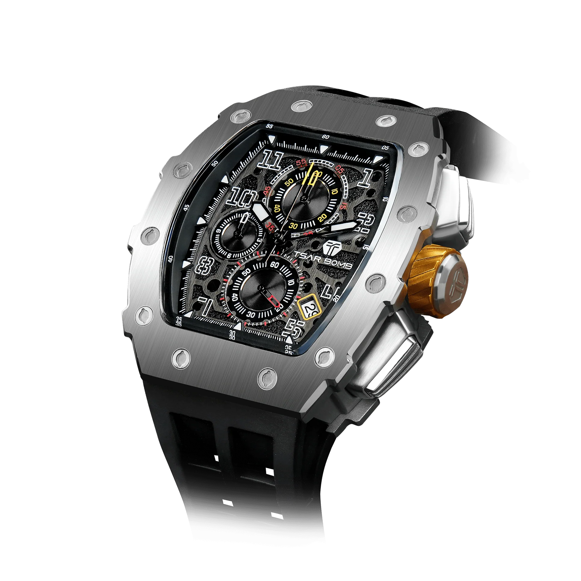 TSAR BOMBA Men's Quartz Tonneau Chronograph Watch TB8204Q Silver Black