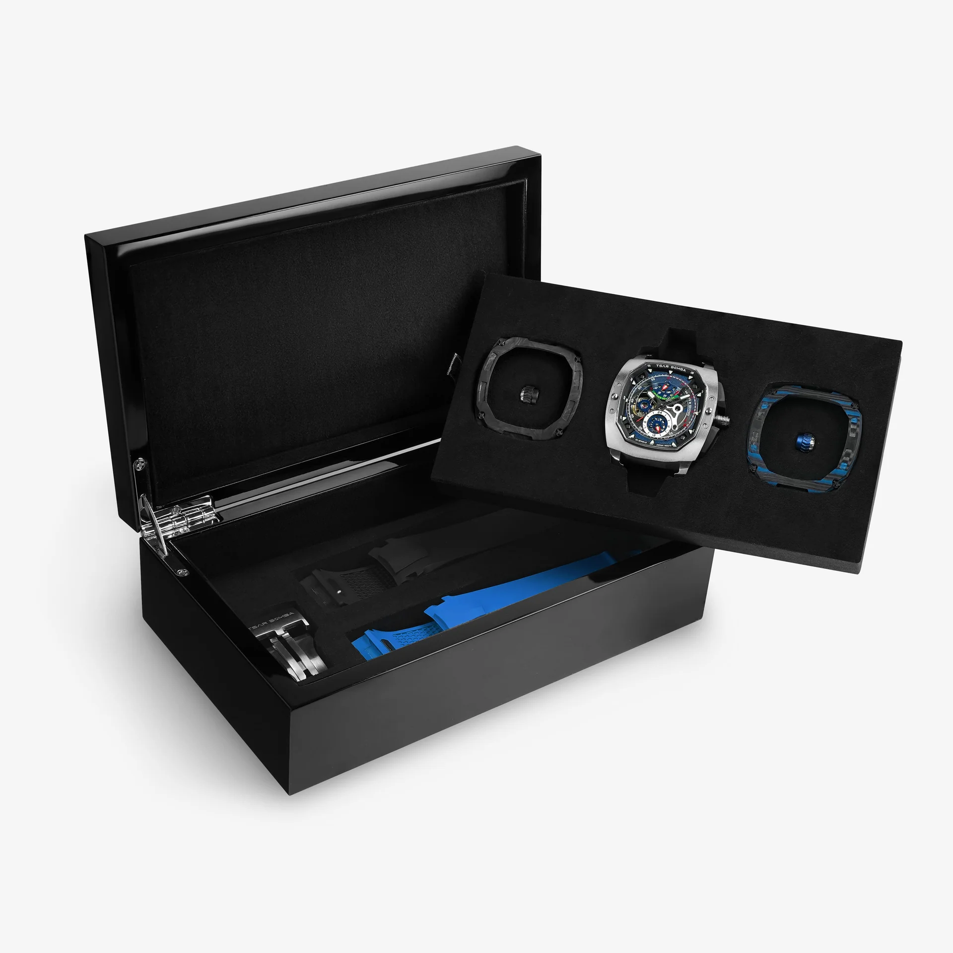 Tsar Bomba Men's Automatic Watch Blue Titanium Case Carbon Fiber Bezel Skeleton Dial 10ATM Waterproof Dark Matter 2 TB8602