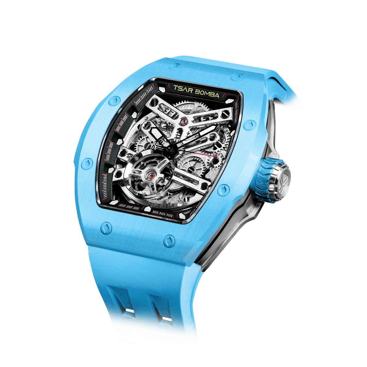 Tsar Bomba Men's Automatic Skeleton Watch Lake Blue Stainless Steel 5ATM TB8218