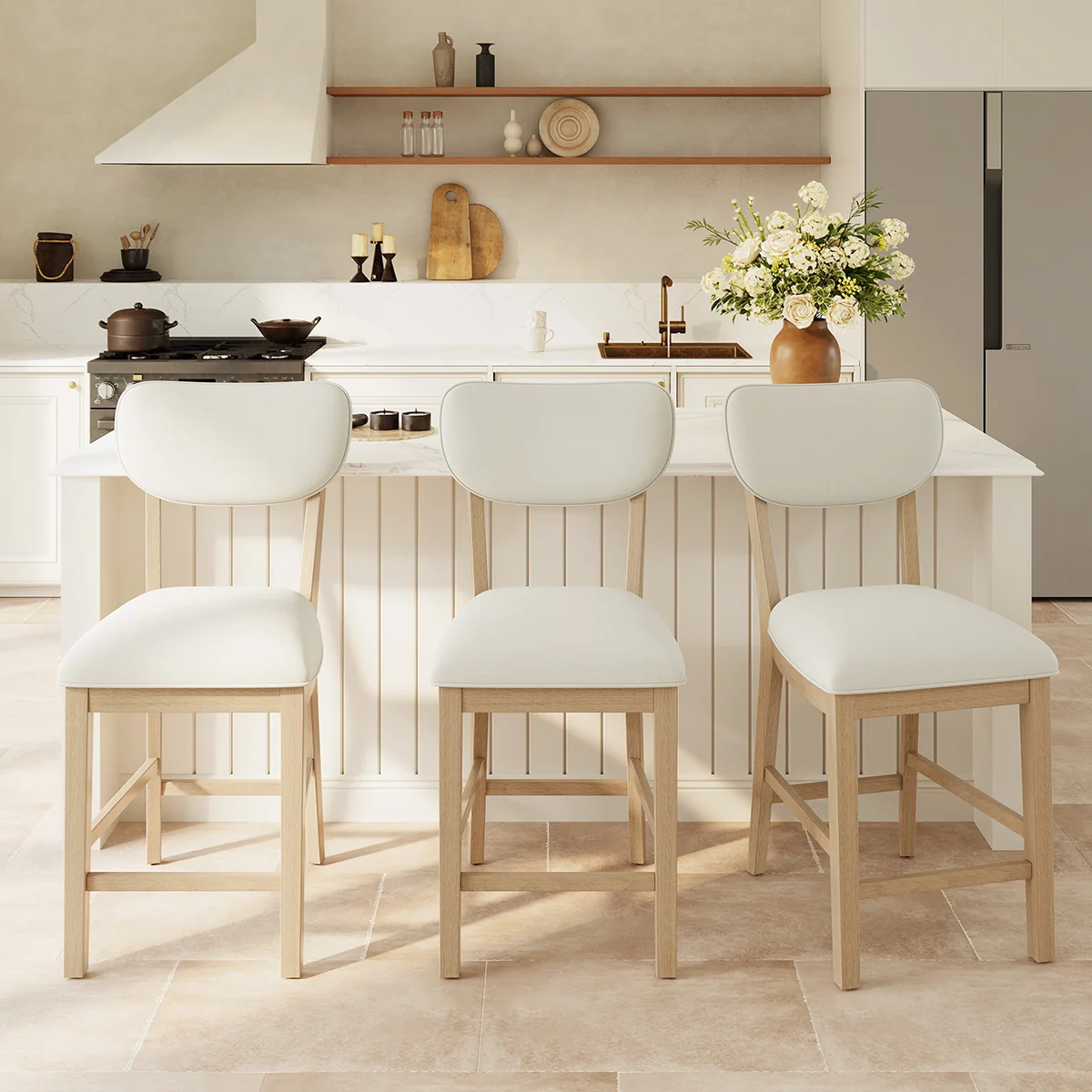 COLAMY Tabouret de bar rembourré à hauteur de comptoir Aurel, ensemble de 3, naturel — Tabourets de bar