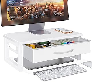 White Wood Monitor Stand Riser with Drawer — Laptop Accessories