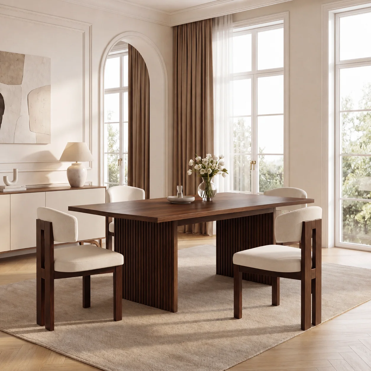 Colamy Halo 63" Dining Table with Halo Wood Dining Chairs Set for 4-6 - Walnut / 4 Chairs — Dining Chairs