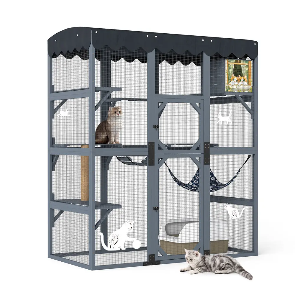 Coziwow 62"L Large Gray Wooden Cat Cage with Rainproof Cover & Scratching Post — Dog Toys