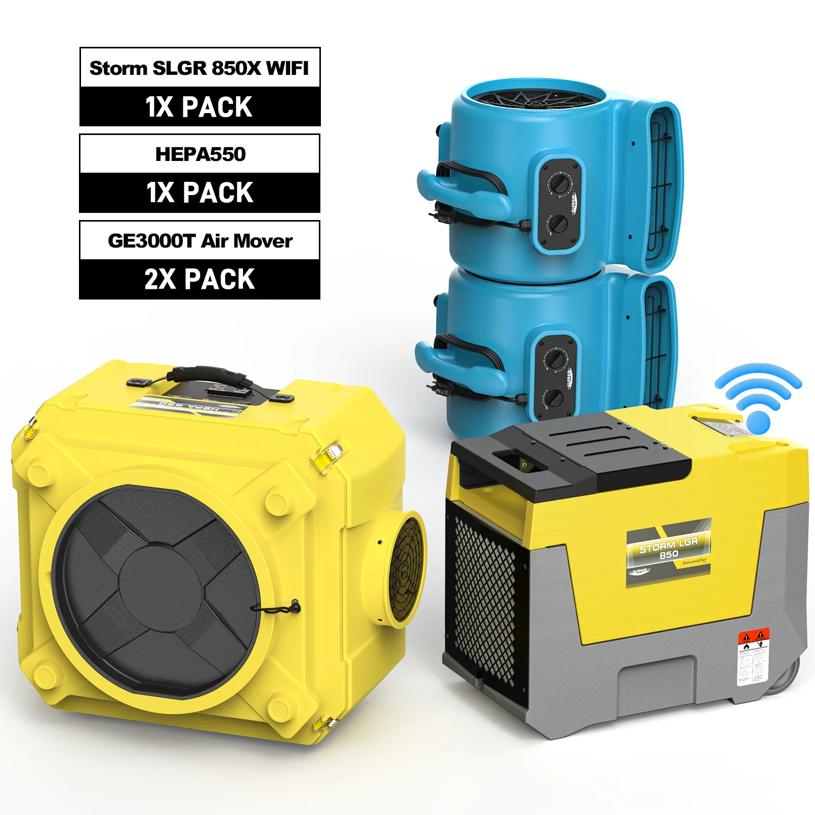 Alorair Water Damage Restoration Equipment with Storm Slgr 850X Wifi Commercial Dehumidifier*1, HEPA 550 Air Scrubber*1,GE3000T Air Movers*2 - Yellow — Humidifi