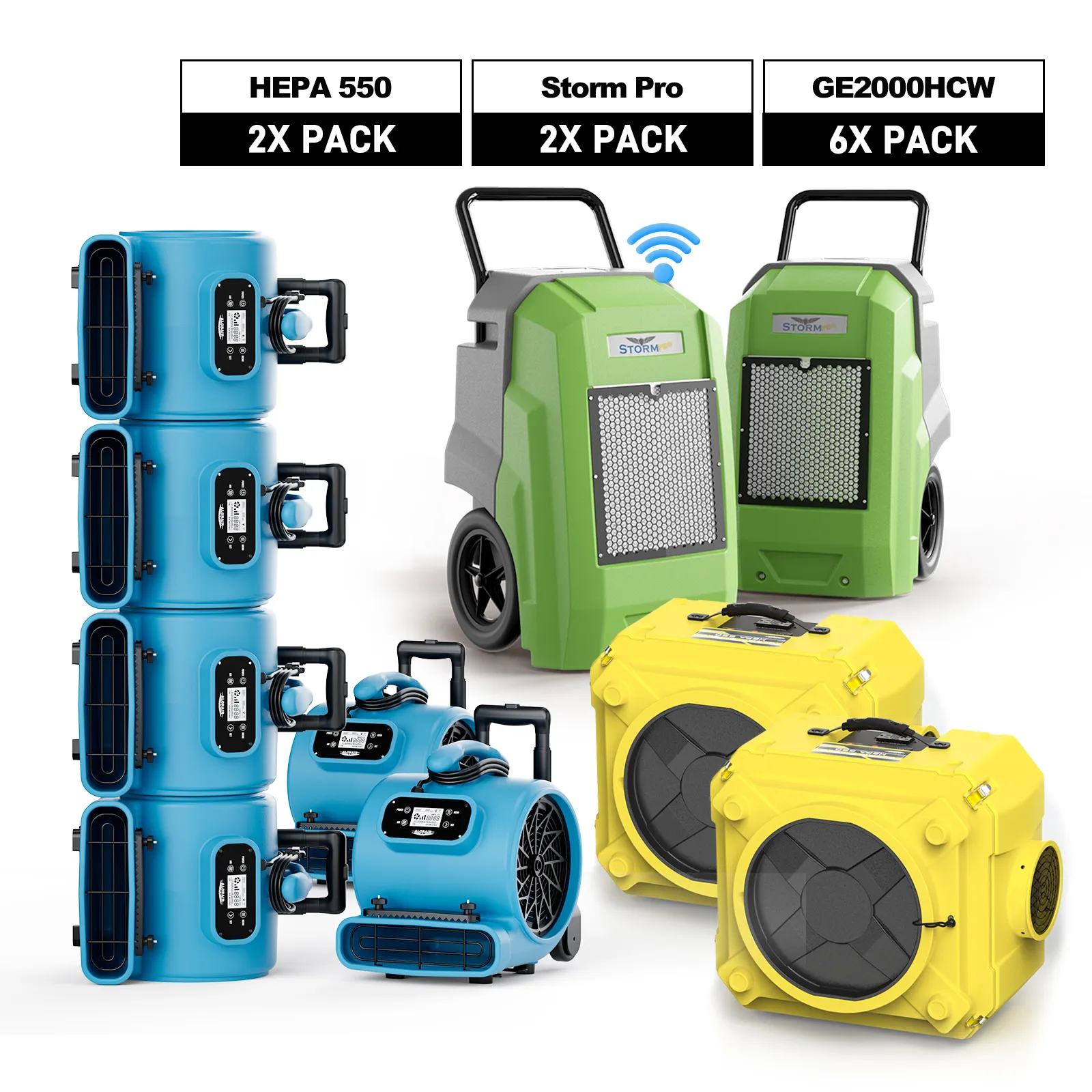 AlorAir Water Damage Restoration Combo Pack, 2 X Storm Pro Dehumidifier, 6 X GE2000HCW Air Mover, 2 X HEPA 550 Air Scrubber - Green / Yellow — Humidifier