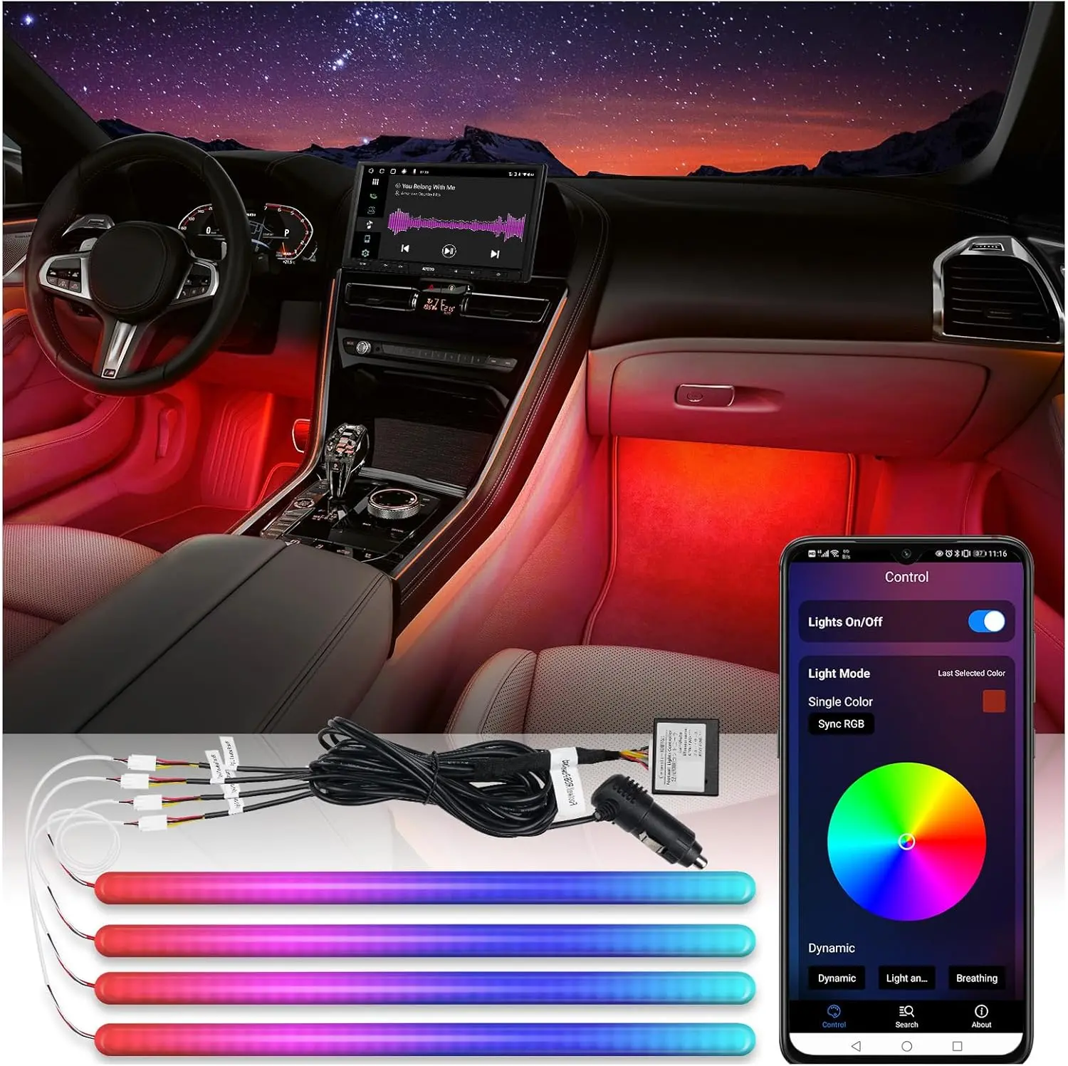 Atoto CI-FLT01 Smart Car LED Lights - App Controlled RGB Interior Lighting, 160 LEDs, 16M Colors, 21 Music Modes, Front/Rear Independent Control