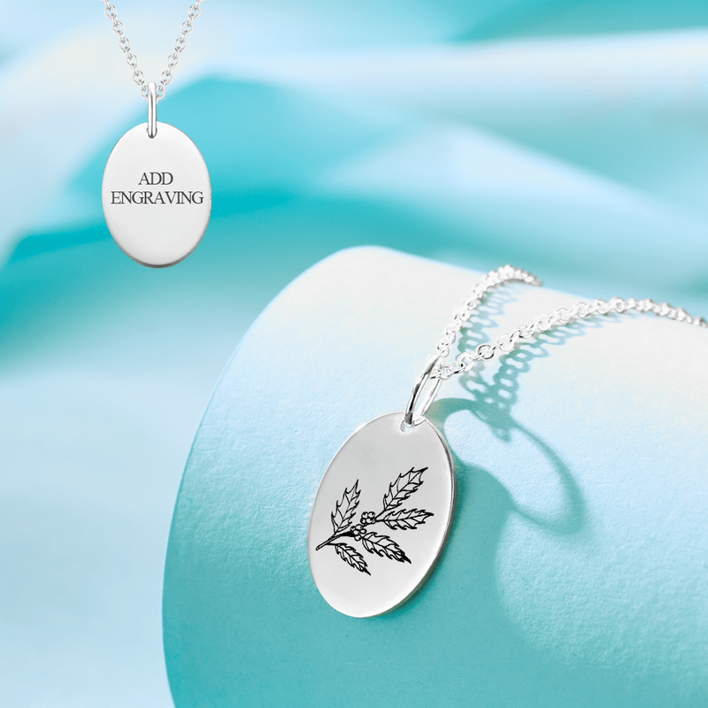 December Birth Flower Engraved Silver Necklace — Silver Necklace Women