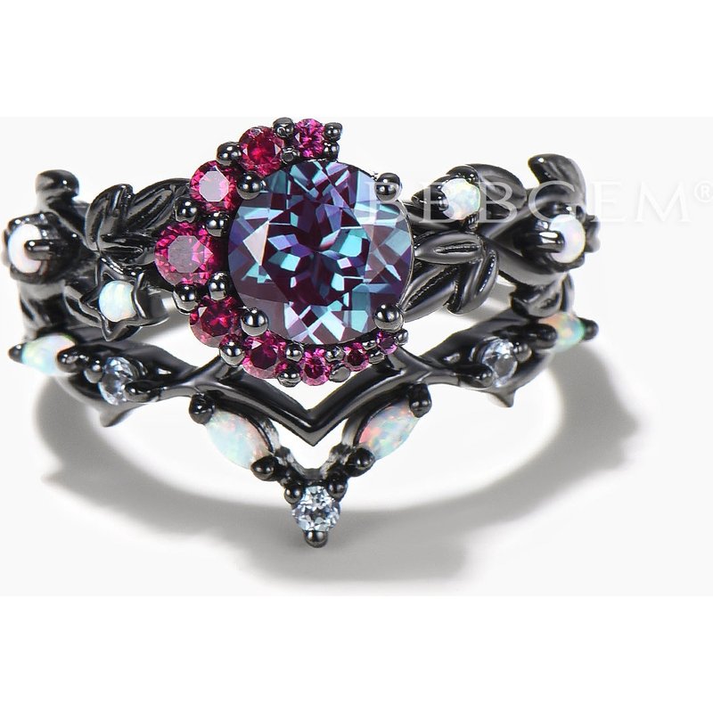 Round Cut Color-change Alexandrite Ruby Moon Ring Opal Celetial Bridal Set — Stackable Rings
