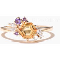 Hexagon Cut Natural Citrine Engagement Ring Amethyst Diamond Cluster Ring — Engagement Rings