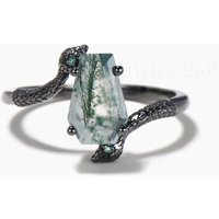 Coffin Cut Natural Moss Agate Engagement Ring Double Snake Three Stone Ring — Engagement Rings