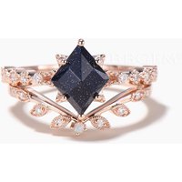 Kite Bridal Set Rhombic Cut Blue Sandstone Engagement Ring Diamond Band