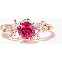 Round Cut Ruby Flower Engagement Ring Diamond Leaf Nature Inspired Ring — Engagement Rings