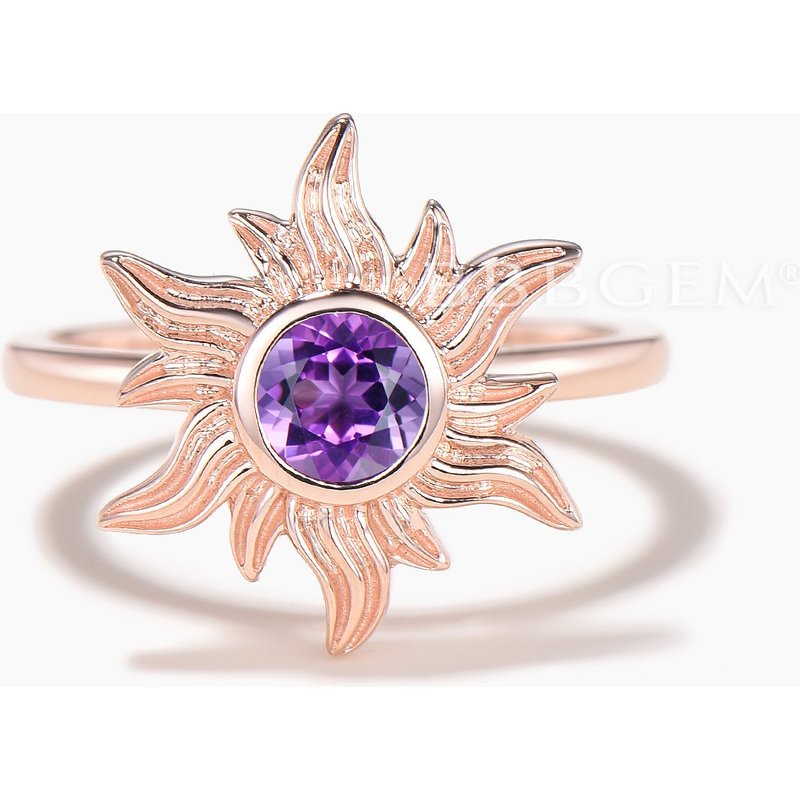 Round Cut Natural Amethyst Sun Engagement Ring Celestial Solitaire Ring — Engagement Rings
