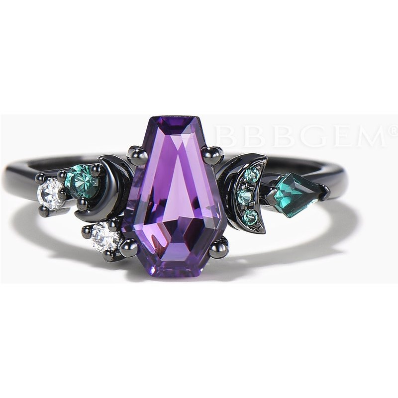 Coffin Natural Amethyst Moon Engagement Ring Emerald Cluster Celestial Ring — Engagement Rings
