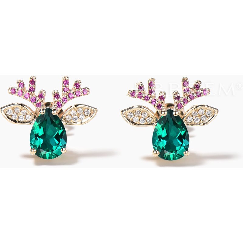 Teardrop Cut Emerald Stud Earrings Ruby Diamond Christmas Reindeer Earrings — Stud Earrings