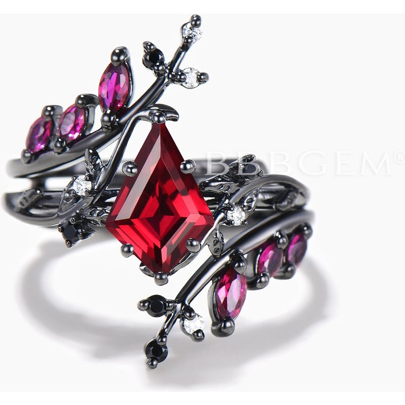 Twig Nature Inspired Bridal Set Kite Cut Ruby Engagement Ring Diamond Band — Engagement Rings