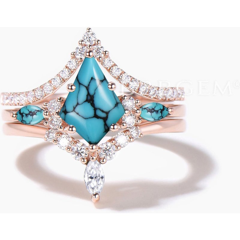 3PC Ring Set 1CT Kite Cut Turquoise Engagement Ring Diamond Curved Band — Engagement Rings
