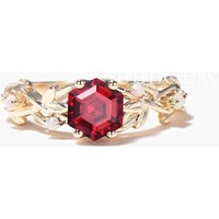Hexagon Cut Ruby Leaf Engagement Ring Opal Split Shank Nature Inspired Ring — Engagement Rings
