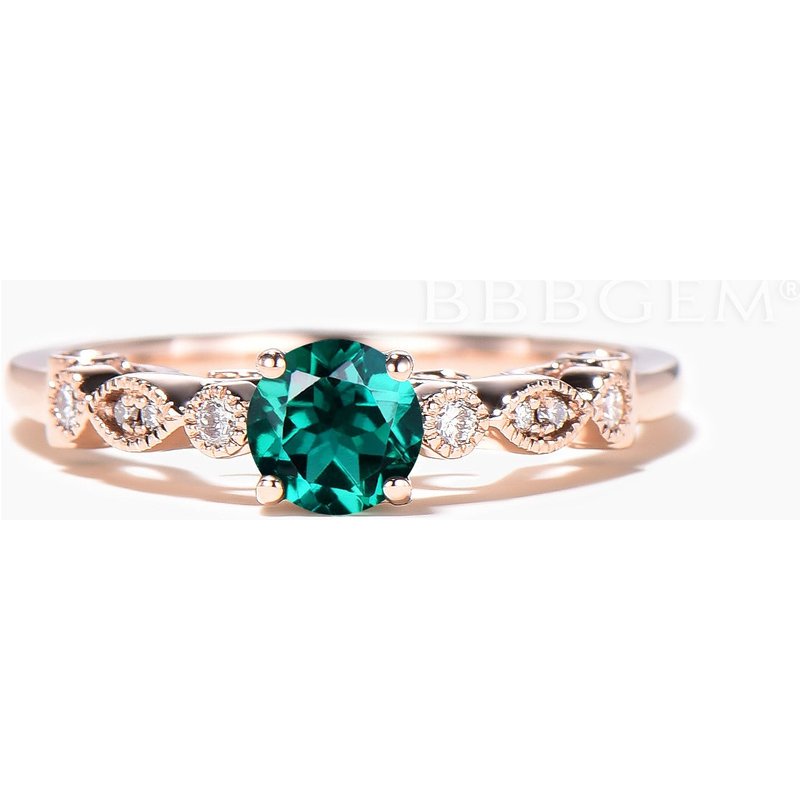 Round Cut Emerald Engagement Ring Diamond Art Deco Rose Gold Ring — Engagement Rings