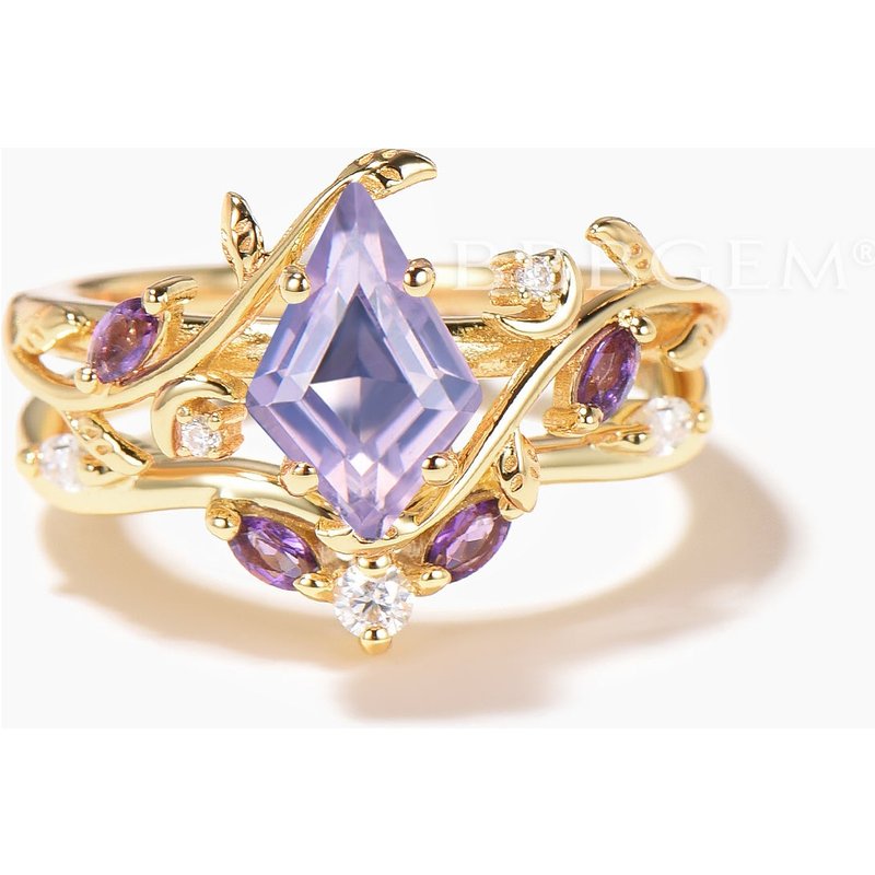 Amethyst Ring Set Kite Cut Natural Lavender Amethyst Leaf Engagement Ring — Engagement Rings