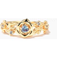 Round Cut Color-change Alexandrite Flower Engagement Ring Leaf Twisted Ring