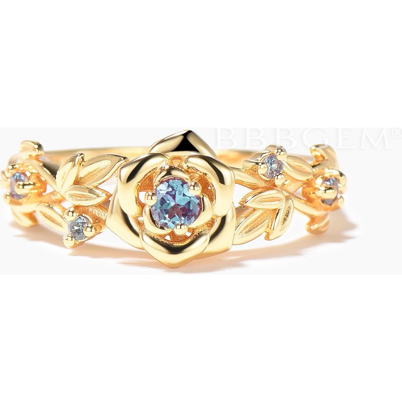 Round Cut Color-change Alexandrite Flower Engagement Ring Leaf Twisted Ring — Engagement Rings